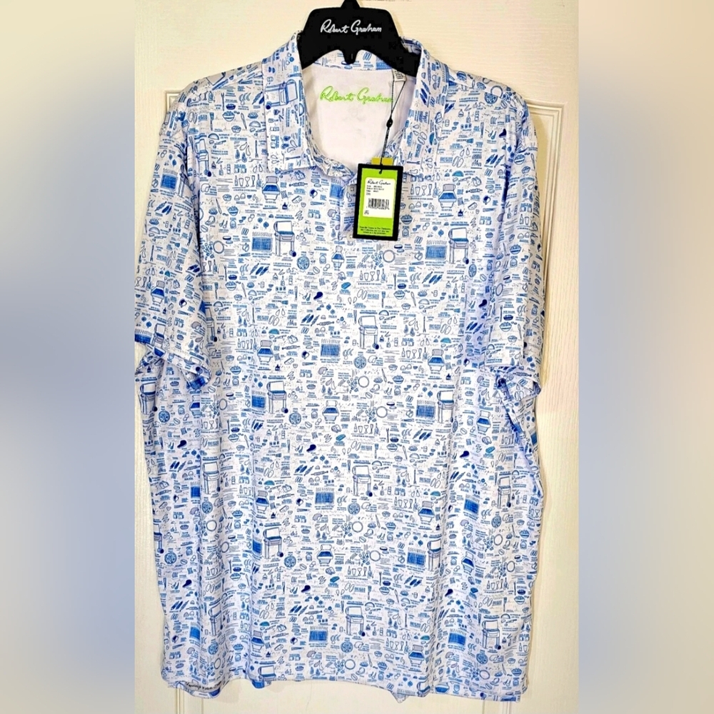 Robert Graham Blue and White Polo Shirt Size 2XL New With Tags